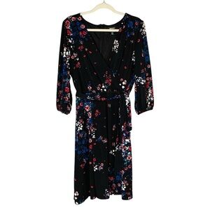 DKNY black long‎ sleeve floral surplice dress. Size 14